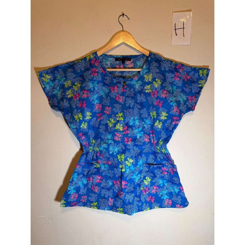 FLEX Scrub Top Butterfly Print Cinched Waist Blue Pink Small